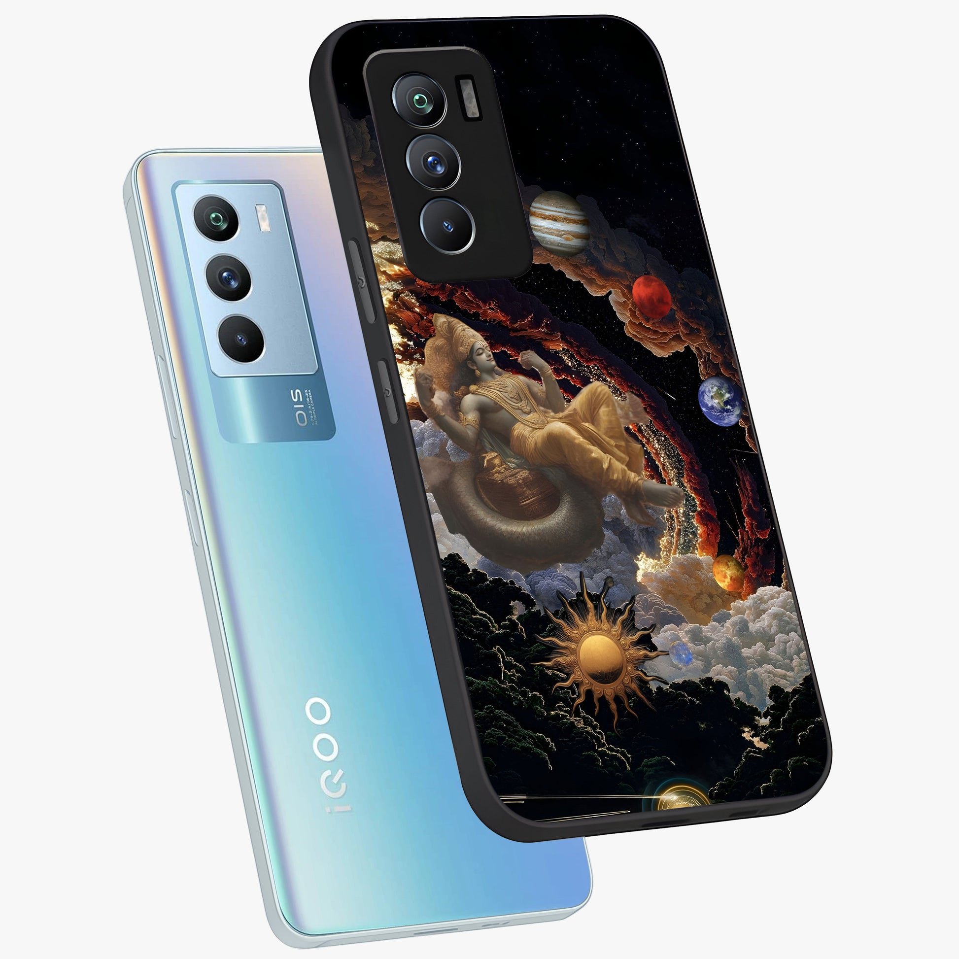 Galactic Divine God Glass Case displayed in angled mockup highlighting powerful celestial deity illustration with galactic aesthetic.
