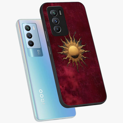 Golden Sun Minimalism Glass Case displayed in angled mockup highlighting clean sun symbol design with modern minimal aesthetic.