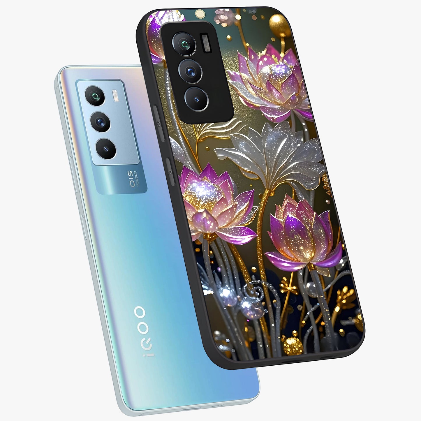 Golden Floral Majesty Glass Case displayed in angled mockup highlighting elegant flower design with royal golden aesthetic.