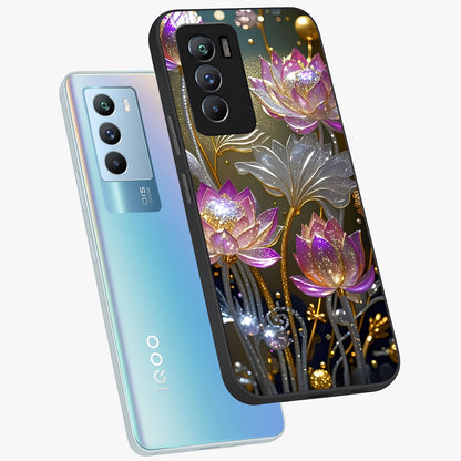Golden Floral Majesty Glass Case displayed in angled mockup highlighting elegant flower design with royal golden aesthetic.