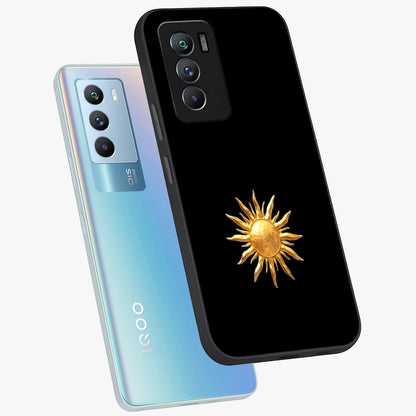 Golden Sun Minimalism Glass Case displayed in angled mockup highlighting eerie shadow illustration with gothic aesthetic.