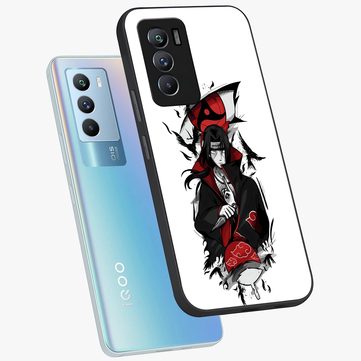 Itachi Limited Edition Naruto Anime Glass Case displayed in angled mockup highlighting dramatic anime illustration with bold action aesthetic.