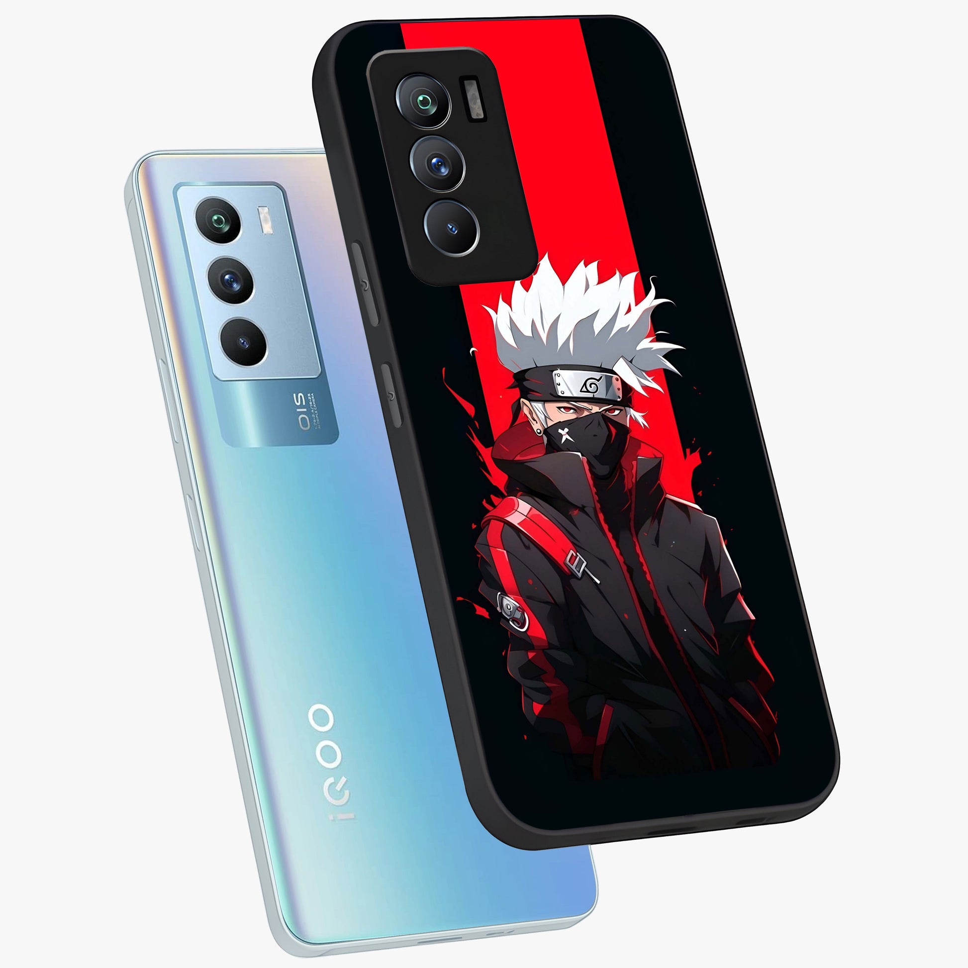 Kakashi Scarlet Shadow Glass Case displayed in angled mockup highlighting dramatic ninja illustration with scarlet themed aesthetic.