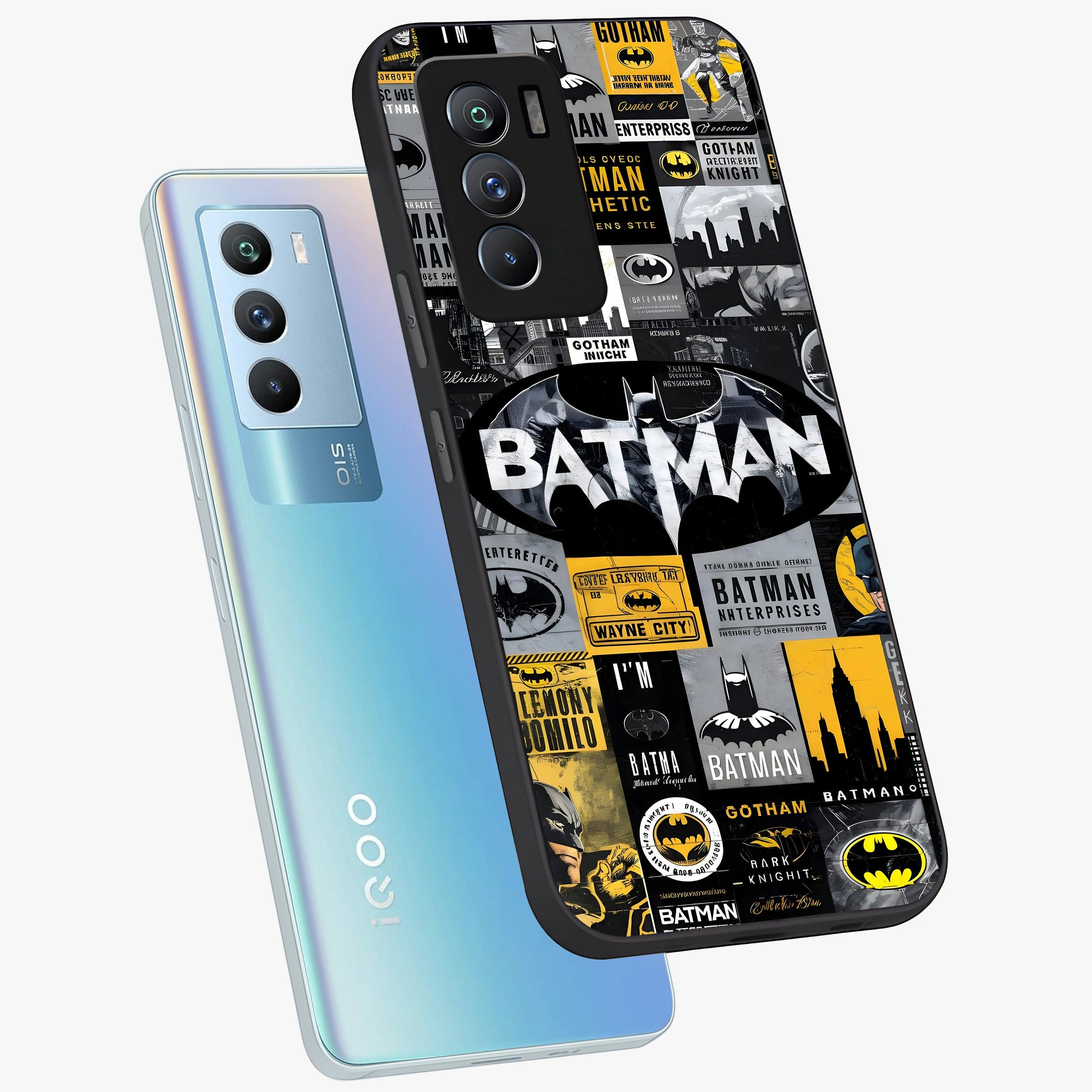 Knight Gotham Rise Glass Case displayed in angled mockup highlighting powerful knight silhouette design with dramatic aesthetic.