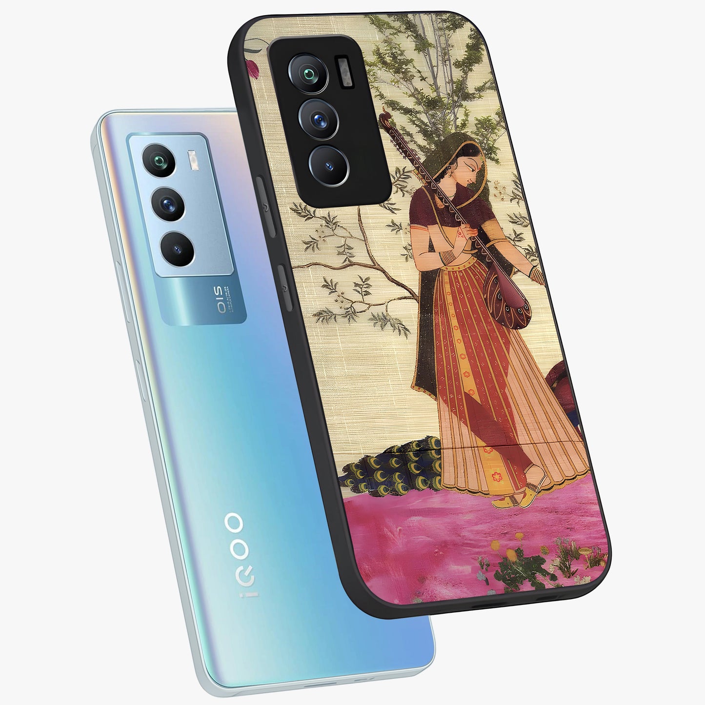 Lady With Veena Art Glass Case displayed in angled mockup highlighting graceful musical illustration with cultural artistic aesthetic.