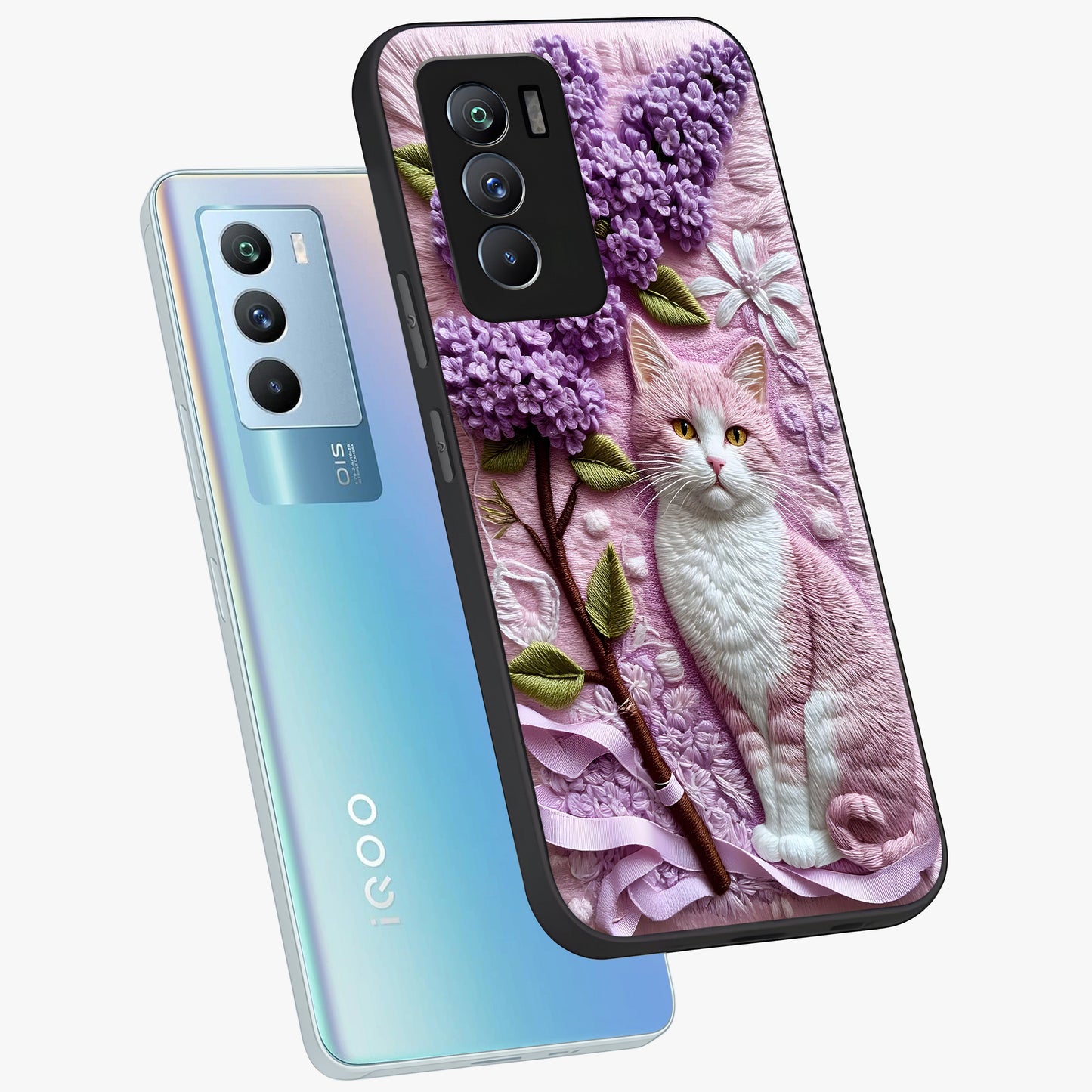 Lavender Cat Whimsy Glass Case displayed in angled mockup highlighting playful feline illustration with pastel lavender aesthetic.