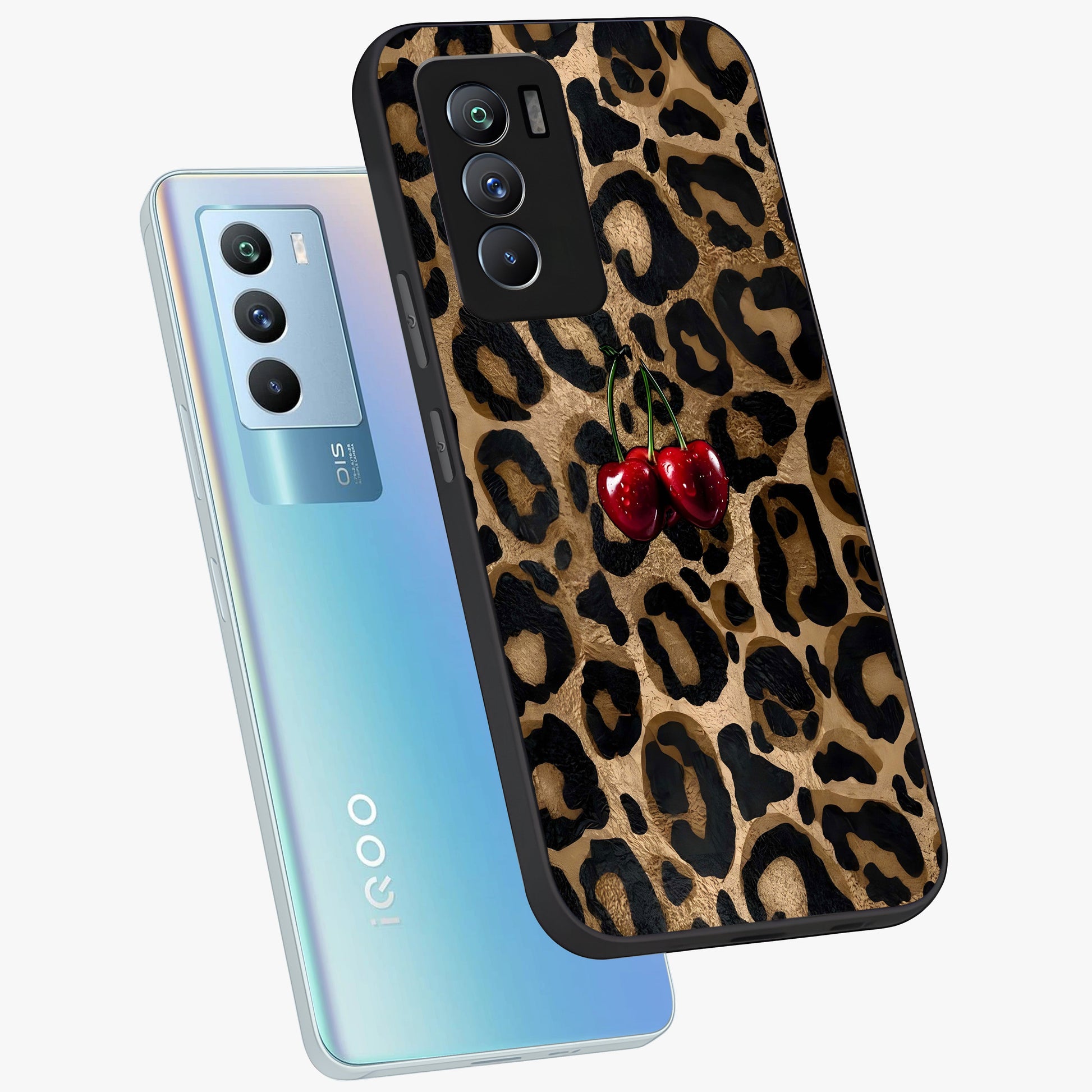 Leopard Wild Cherry Glass Case displayed in angled mockup highlighting bold animal print design with playful cherry aesthetic.