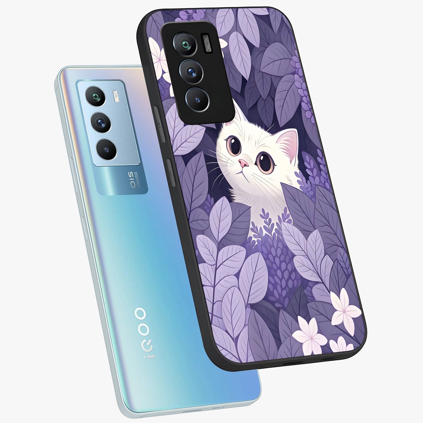 Lilac Hide Peek Cat Glass Case displayed in angled mockup highlighting playful feline illustration with lilac aesthetic design.