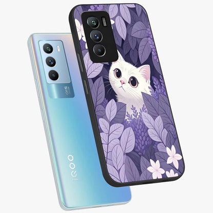 Lilac Hide Peek Cat Glass Case displayed in angled mockup highlighting playful feline illustration with lilac aesthetic design.