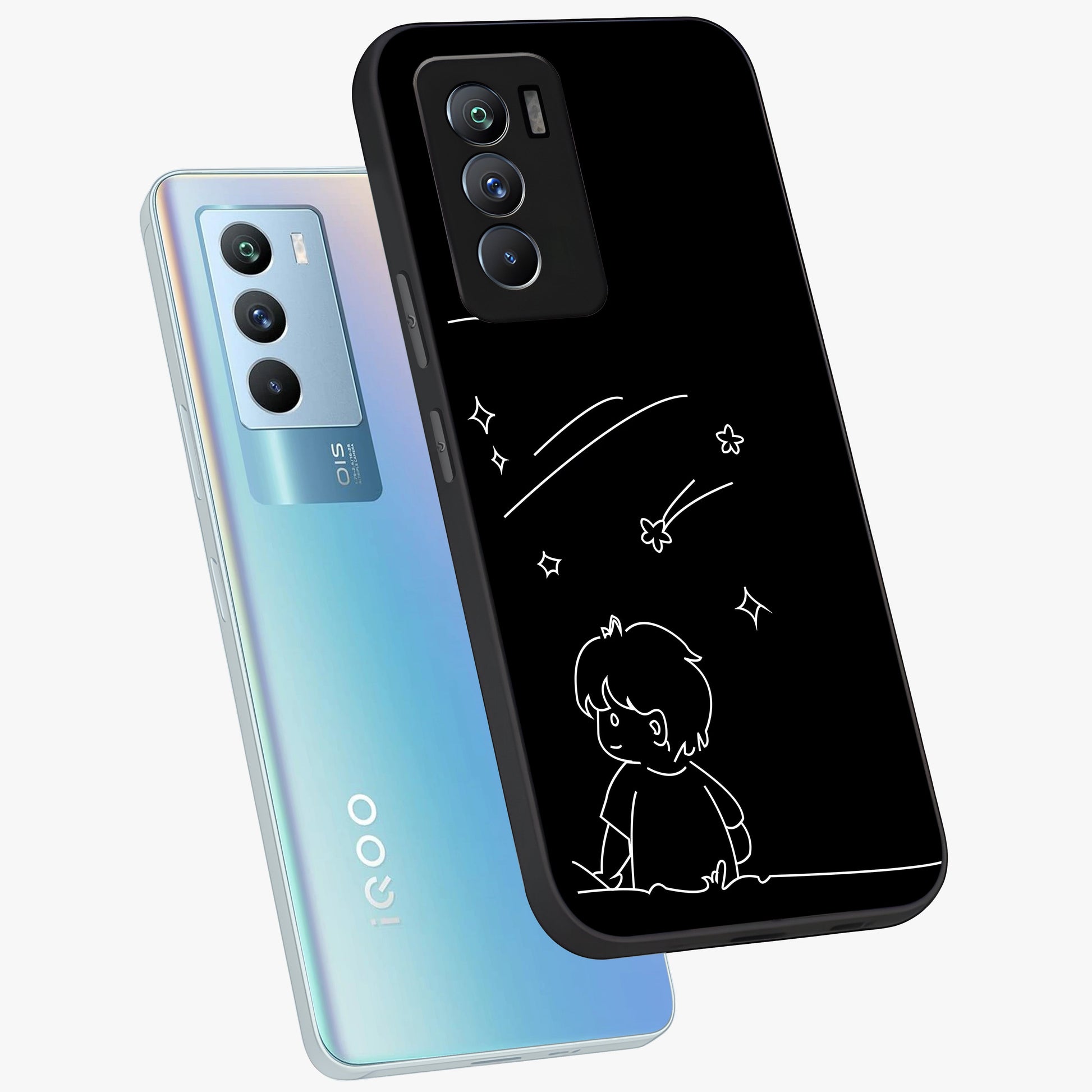 Line Art Boy With Shooting Stars Glass Case displayed in angled mockup highlighting elegant line art design with dreamy star aesthetic.