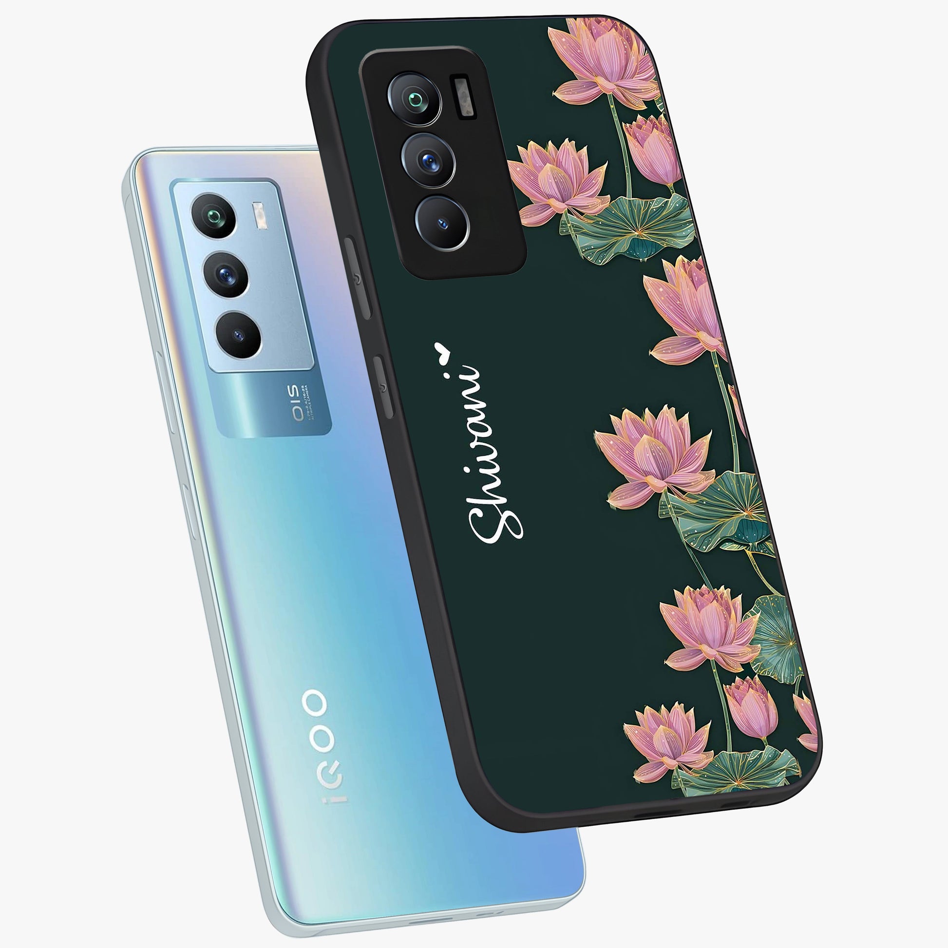 Lotus Bloom Serenity Custom Name Glass Case displayed in angled mockup highlighting graceful lotus illustration with custom name feature.