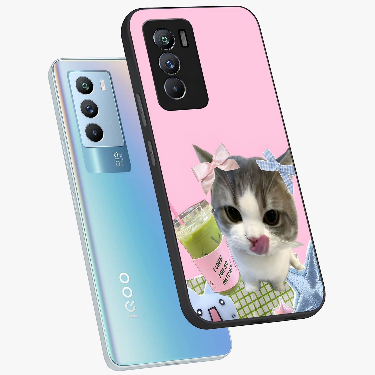 Love Matcha Cat Glass Case displayed in angled mockup highlighting playful feline illustration with cozy matcha aesthetic.