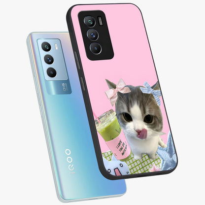Love Matcha Cat Glass Case displayed in angled mockup highlighting playful feline illustration with cozy matcha aesthetic.
