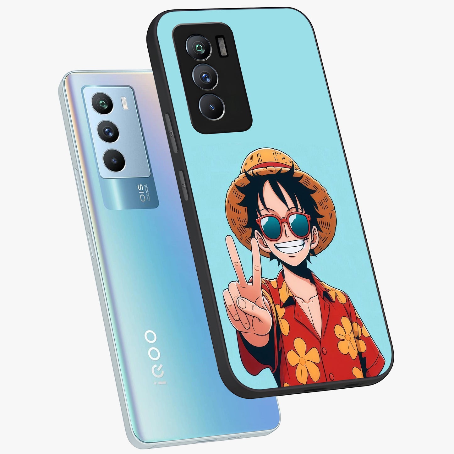 Luffy Summer Anime Vibe Glass Case displayed in angled mockup highlighting energetic anime illustration with summer vibe aesthetic.