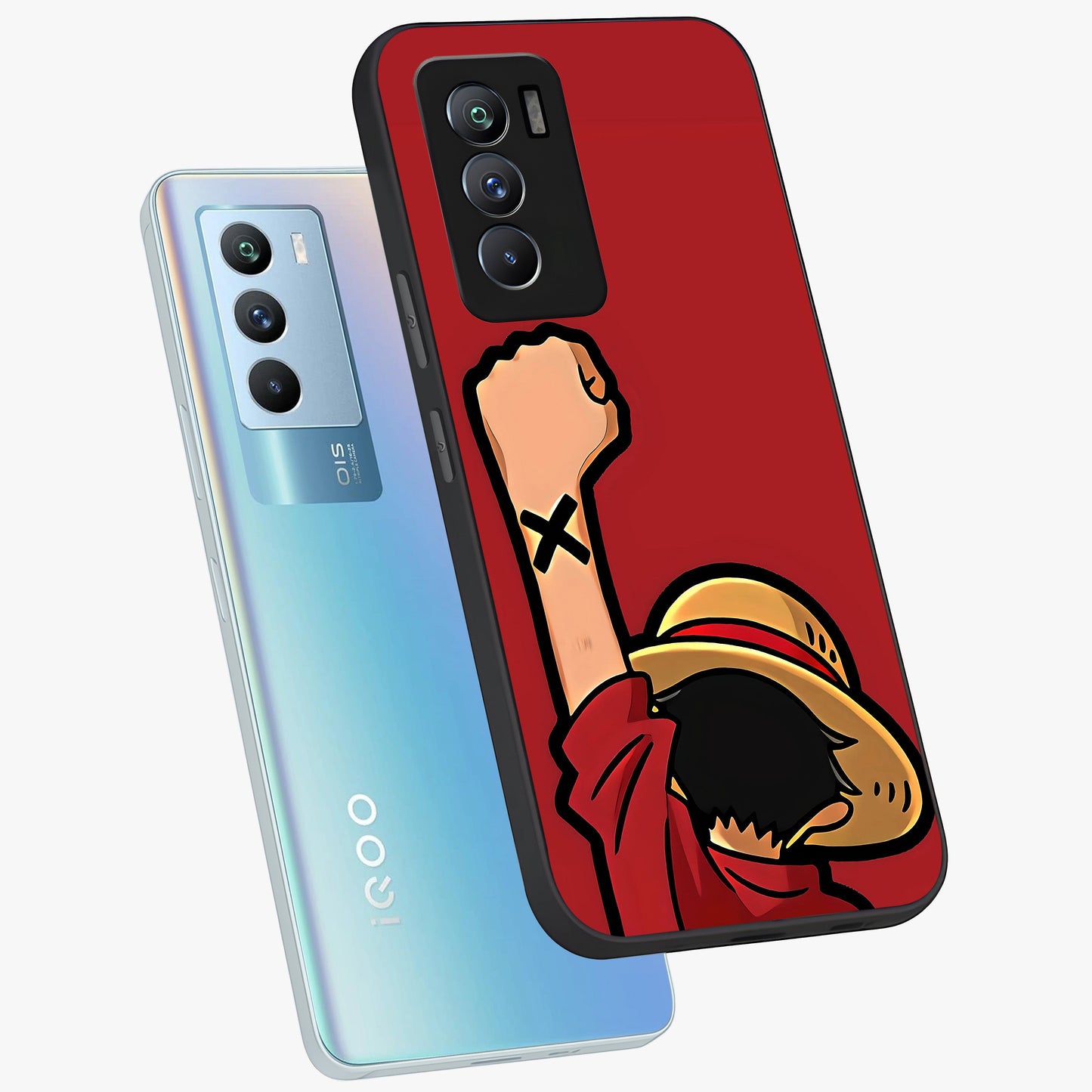 Luffy X Spirit Glass Case displayed in angled mockup highlighting powerful anime design with energetic action aesthetic.