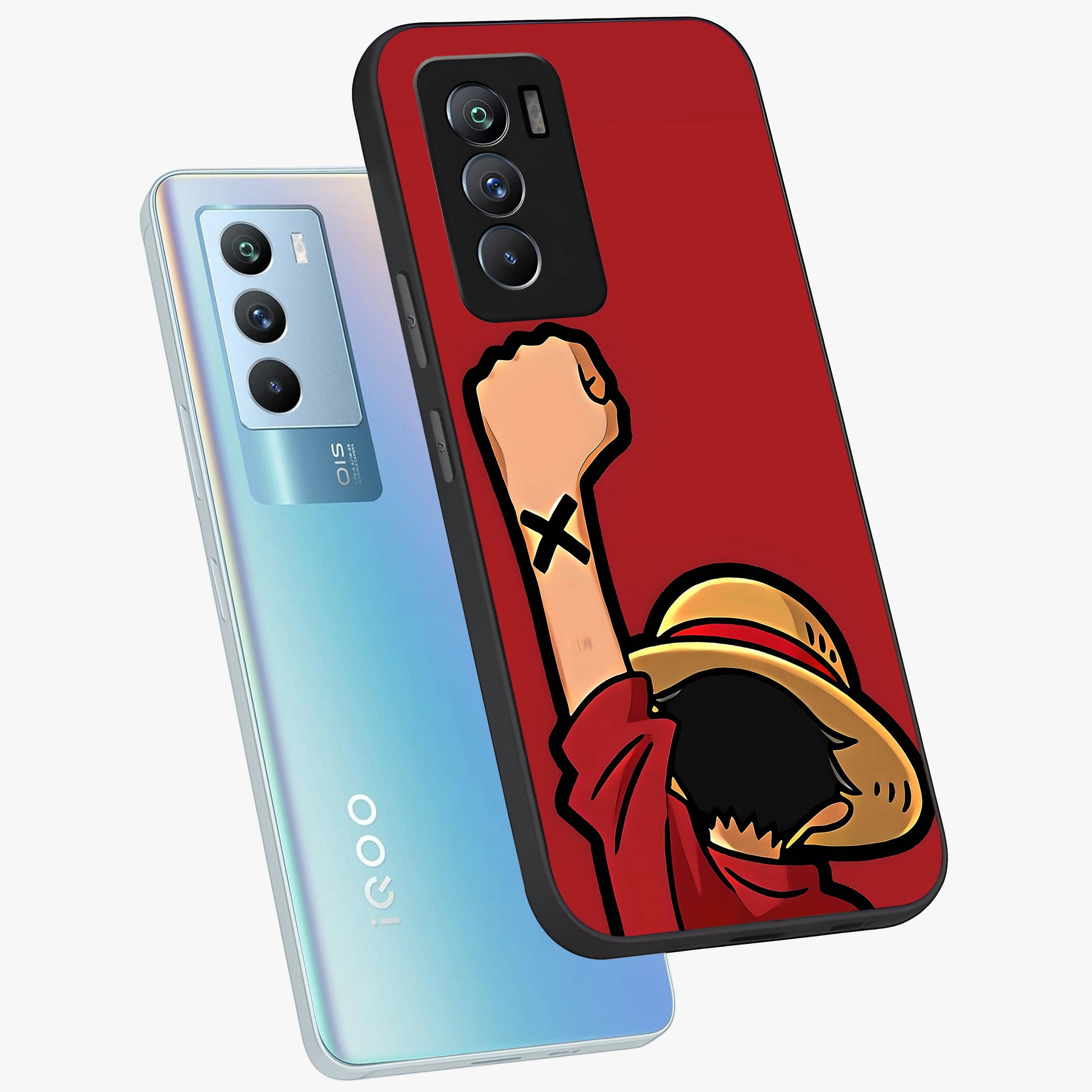 Luffy X Spirit Glass Case displayed in angled mockup highlighting powerful anime design with energetic action aesthetic.