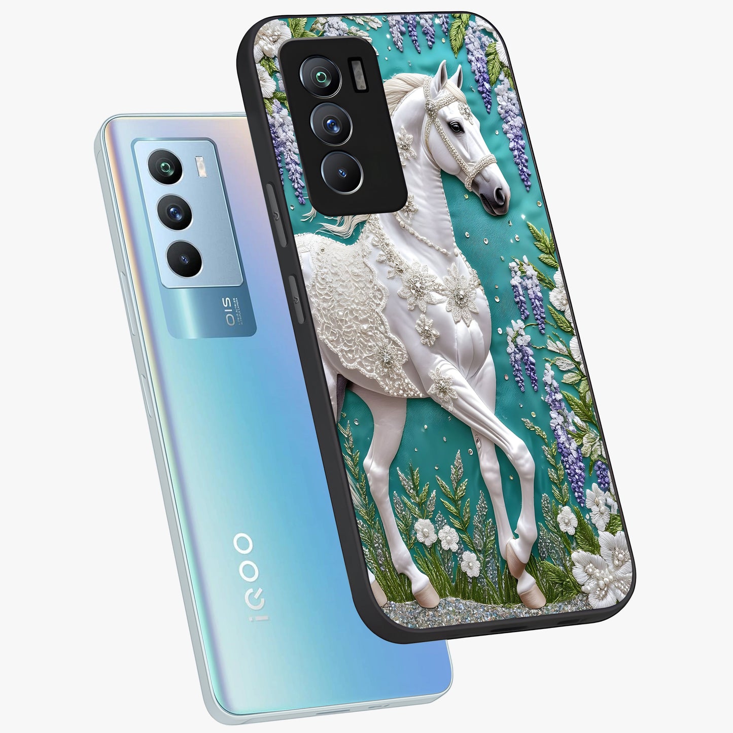 Majestic Floral Stallion Glass Case displayed in angled mockup highlighting majestic stallion illustration with elegant floral aesthetic.