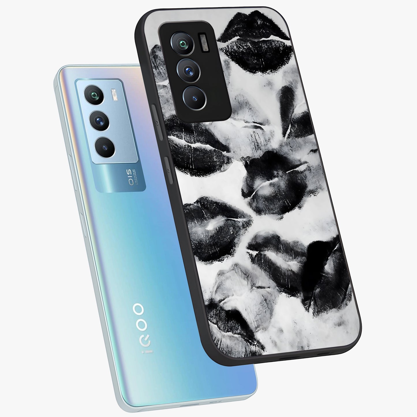 Midnight Kiss Marks Glass Case displayed in angled mockup highlighting playful romantic design with bold midnight aesthetic.