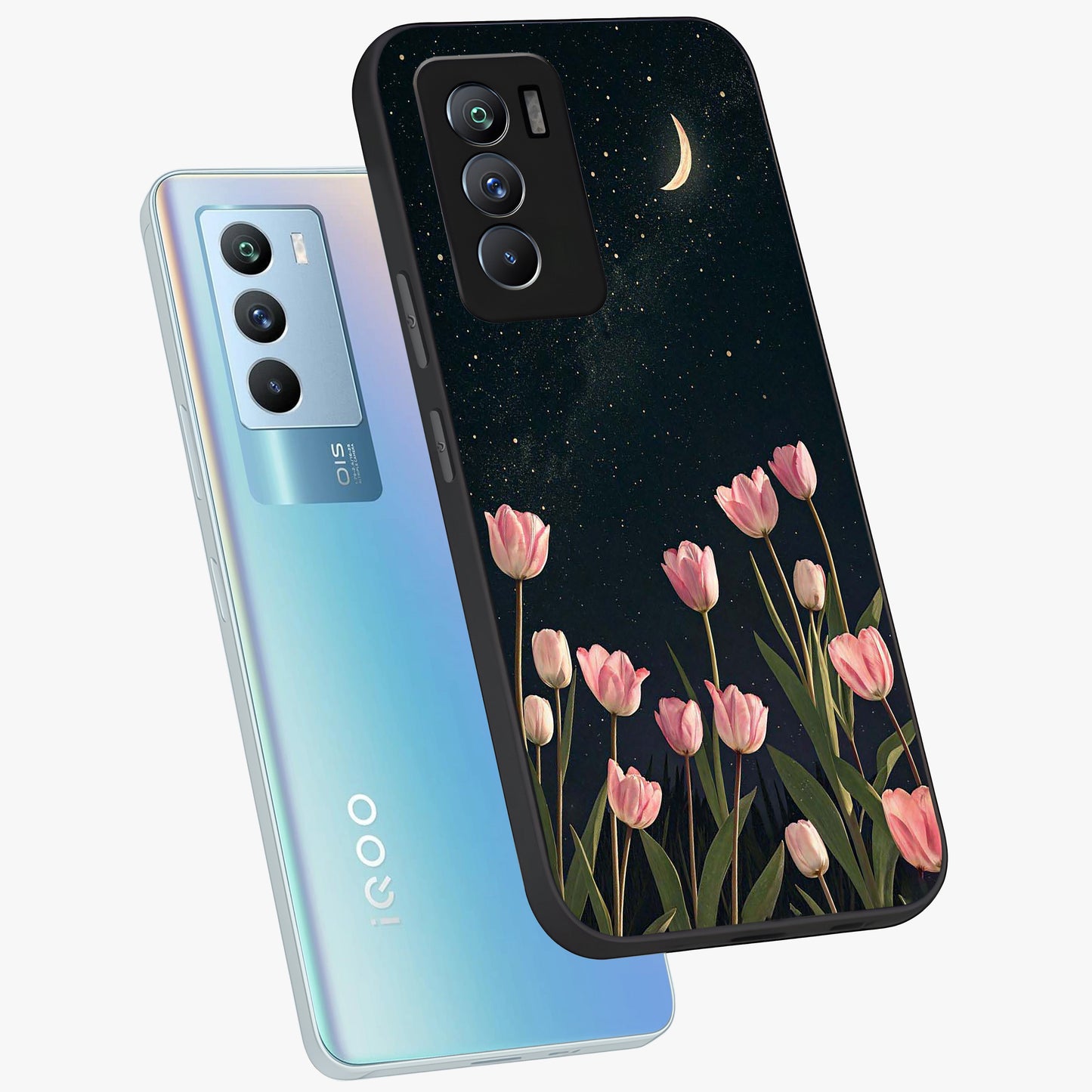 Midnight Tulip Whispers Vibe Glass Case displayed in angled mockup highlighting delicate tulip design with midnight floral aesthetic.