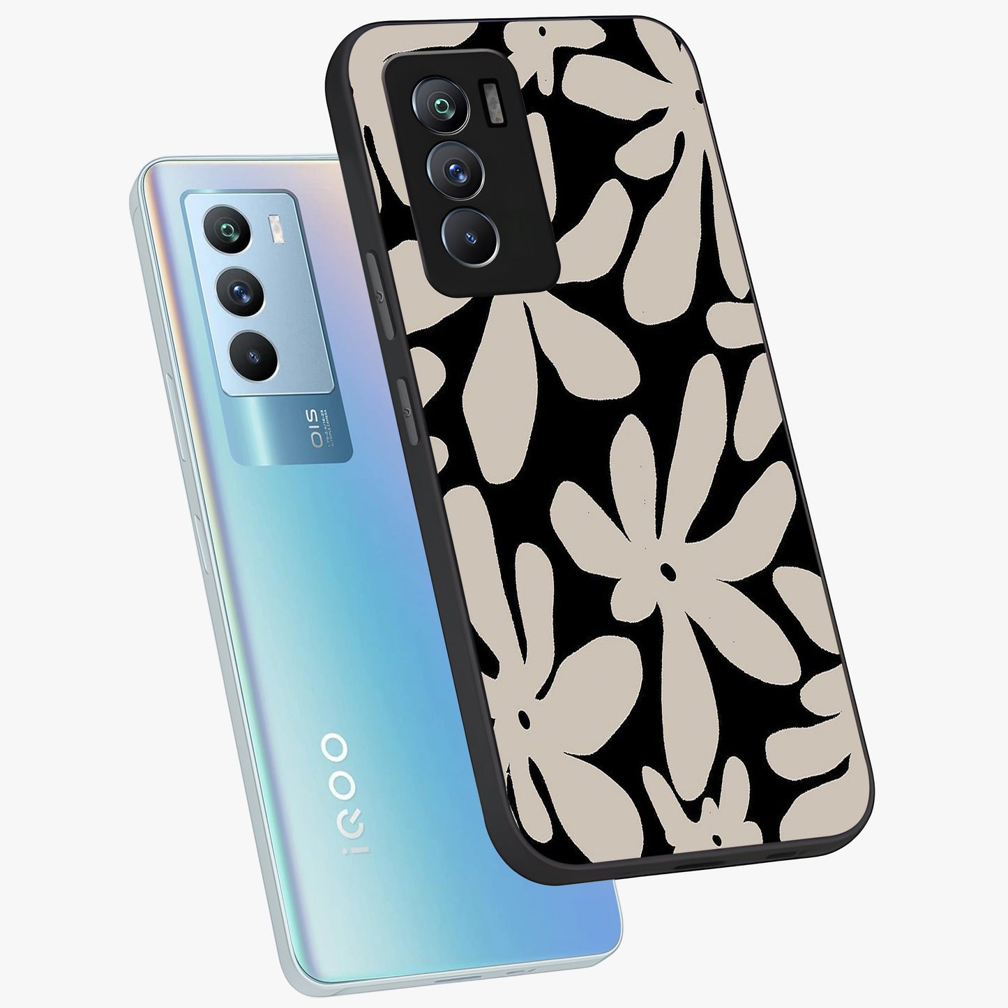 Monochrome Petal Dance Glass Case displayed in angled mockup highlighting elegant petal design with black and white aesthetic.