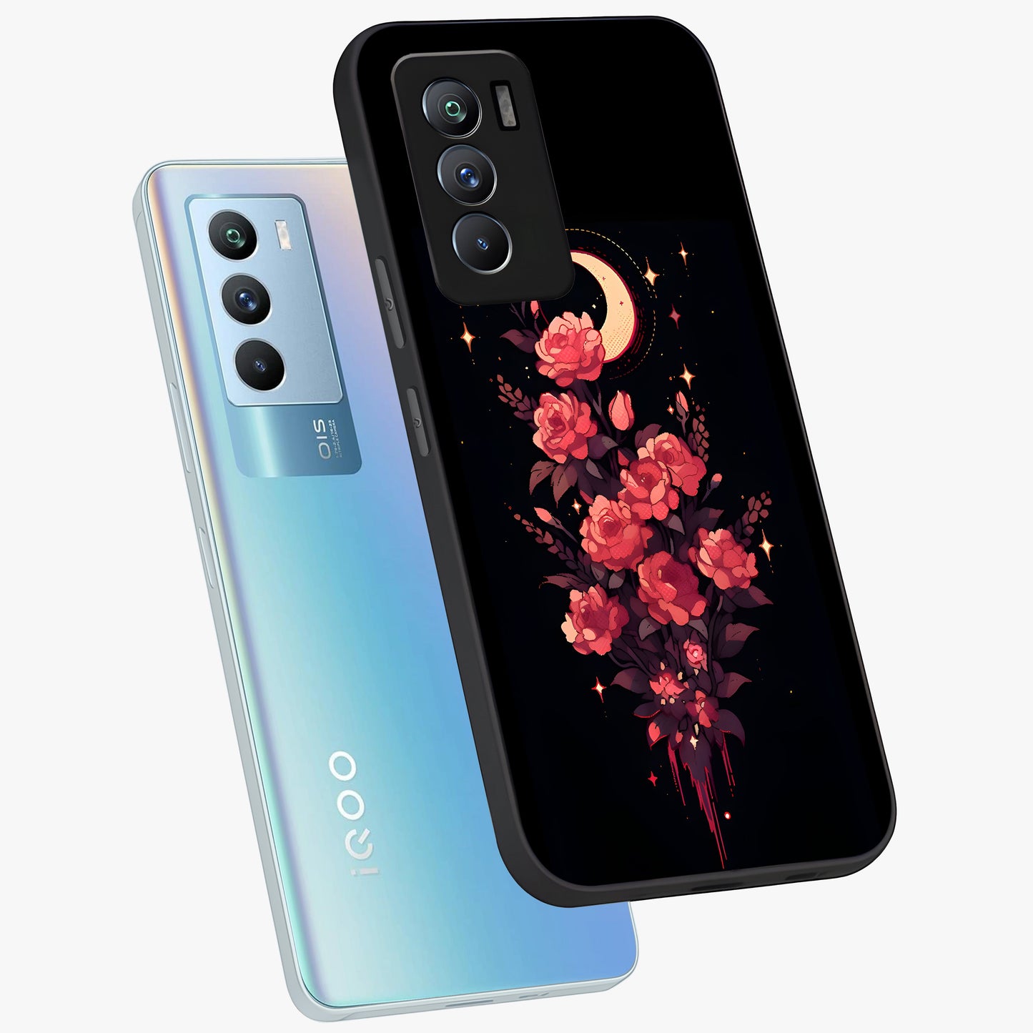 Moonlit Floral Elegance Glass Case displayed in angled mockup highlighting graceful flower design with soft moonlight aesthetic.