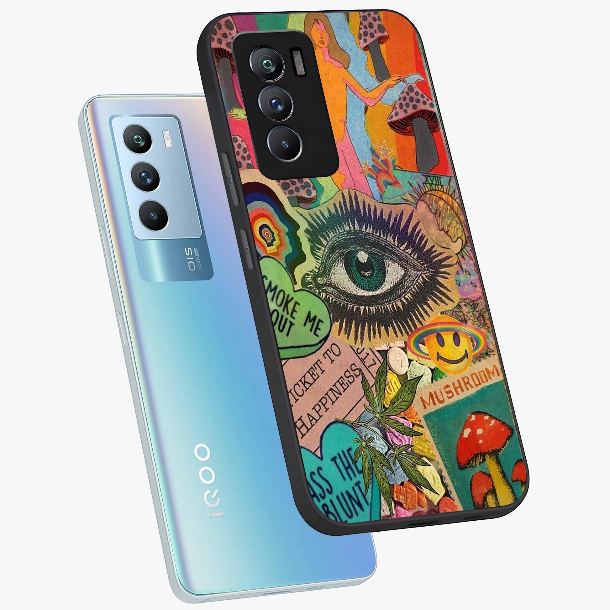 Mystic Eye Wonderland Glass Case displayed in angled mockup highlighting magical eye illustration with dreamy aesthetic.