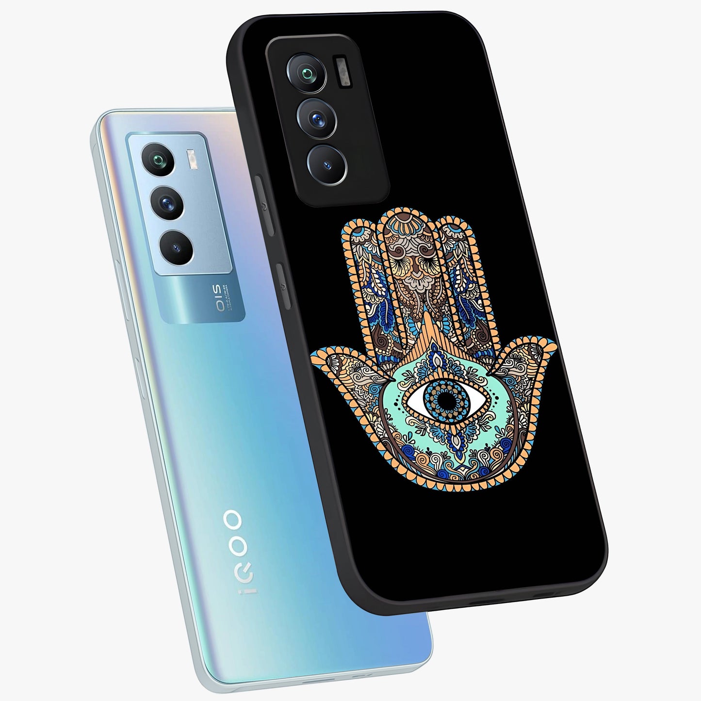Mystic Hamsa Eye Glass Case displayed in angled mockup highlighting spiritual hamsa symbol with mystical aesthetic style.