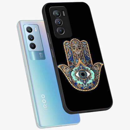 Mystic Hamsa Eye Glass Case displayed in angled mockup highlighting spiritual hamsa symbol with mystical aesthetic style.
