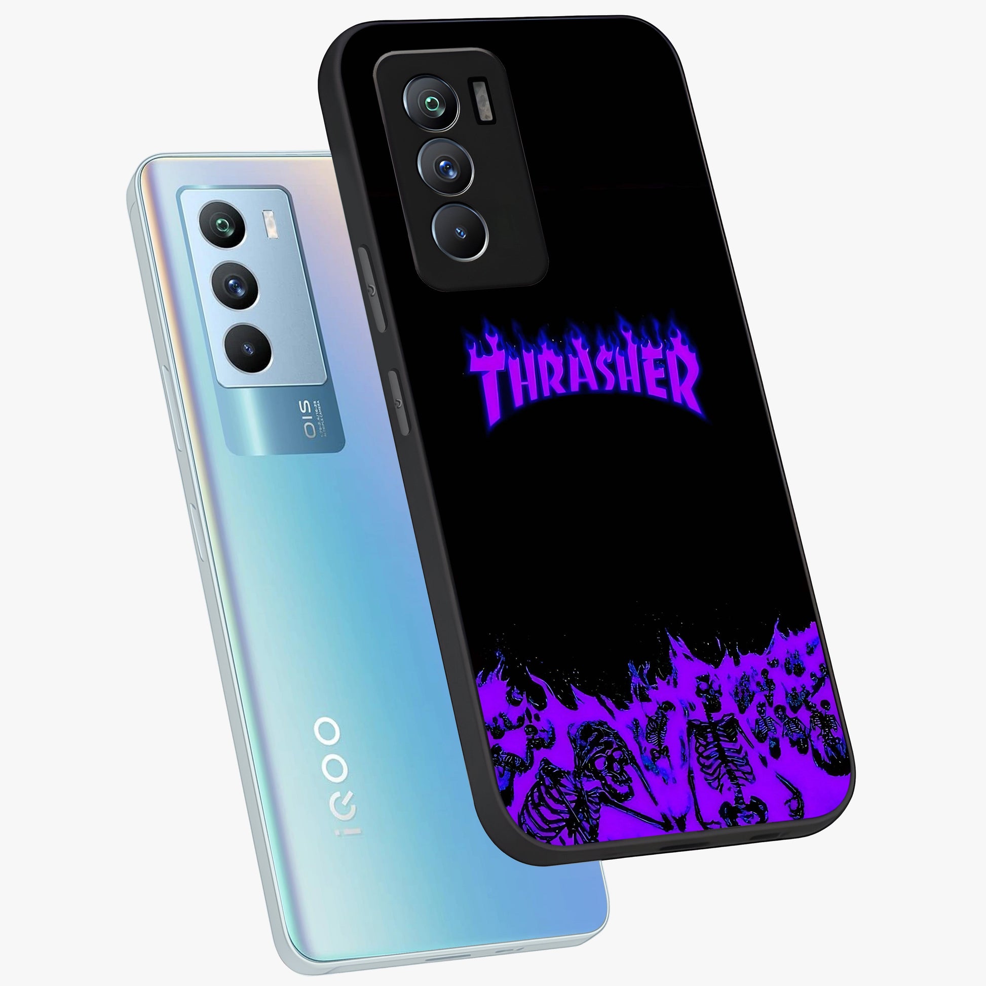 Neon Flame Riot Glass Case displayed in angled mockup highlighting glowing flame design with vibrant neon aesthetic.