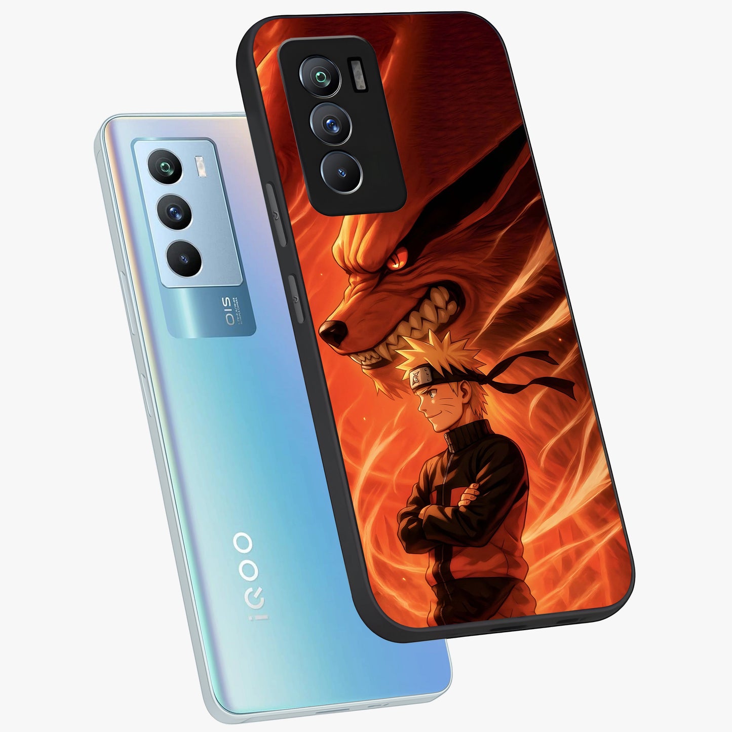 Nine Tails Legacy Glass Case displayed in angled mockup highlighting dynamic anime beast illustration with bold mystical aesthetic.