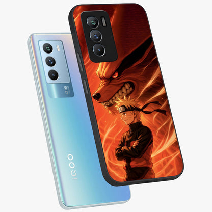 Nine Tails Legacy Glass Case displayed in angled mockup highlighting dynamic anime beast illustration with bold mystical aesthetic.