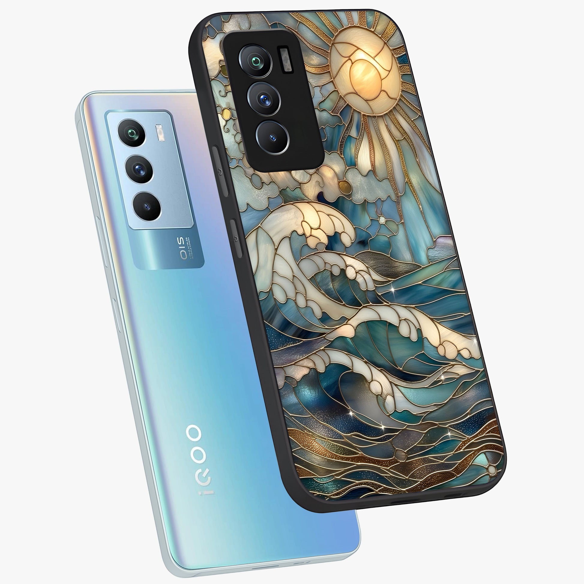 Oceanic Stained Printed Glass Case displayed in angled mockup highlighting colorful aquatic design with artistic aesthetic style.