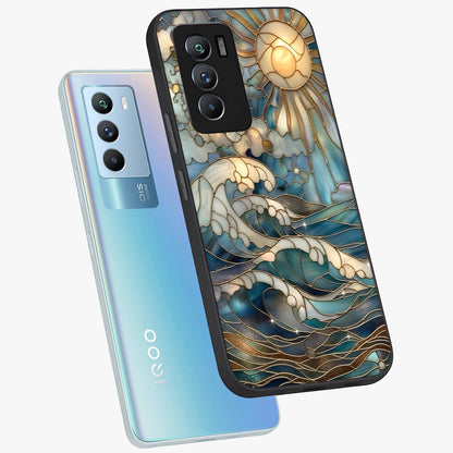 Oceanic Stained Printed Glass Case displayed in angled mockup highlighting colorful aquatic design with artistic aesthetic style.