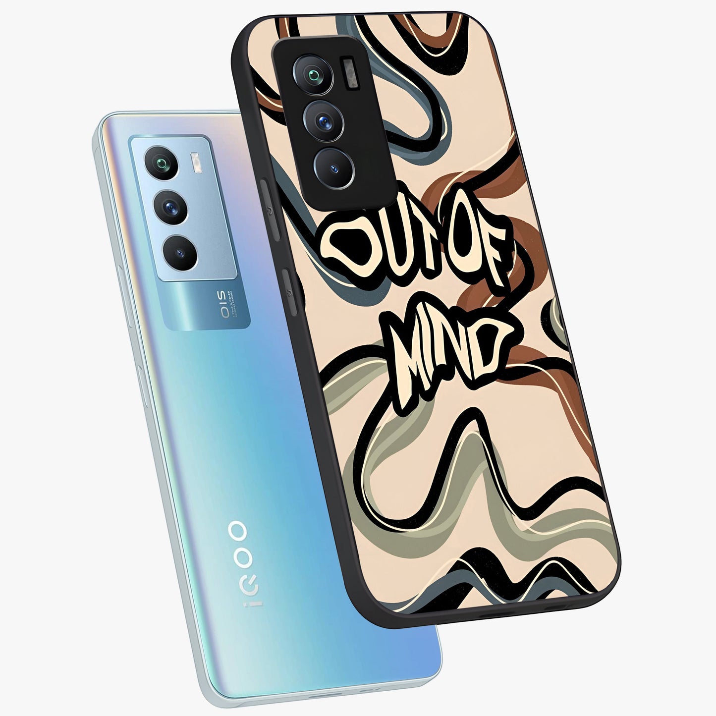 Out Of Mind Glass Case displayed in angled mockup highlighting bold statement design with modern artistic aesthetic.