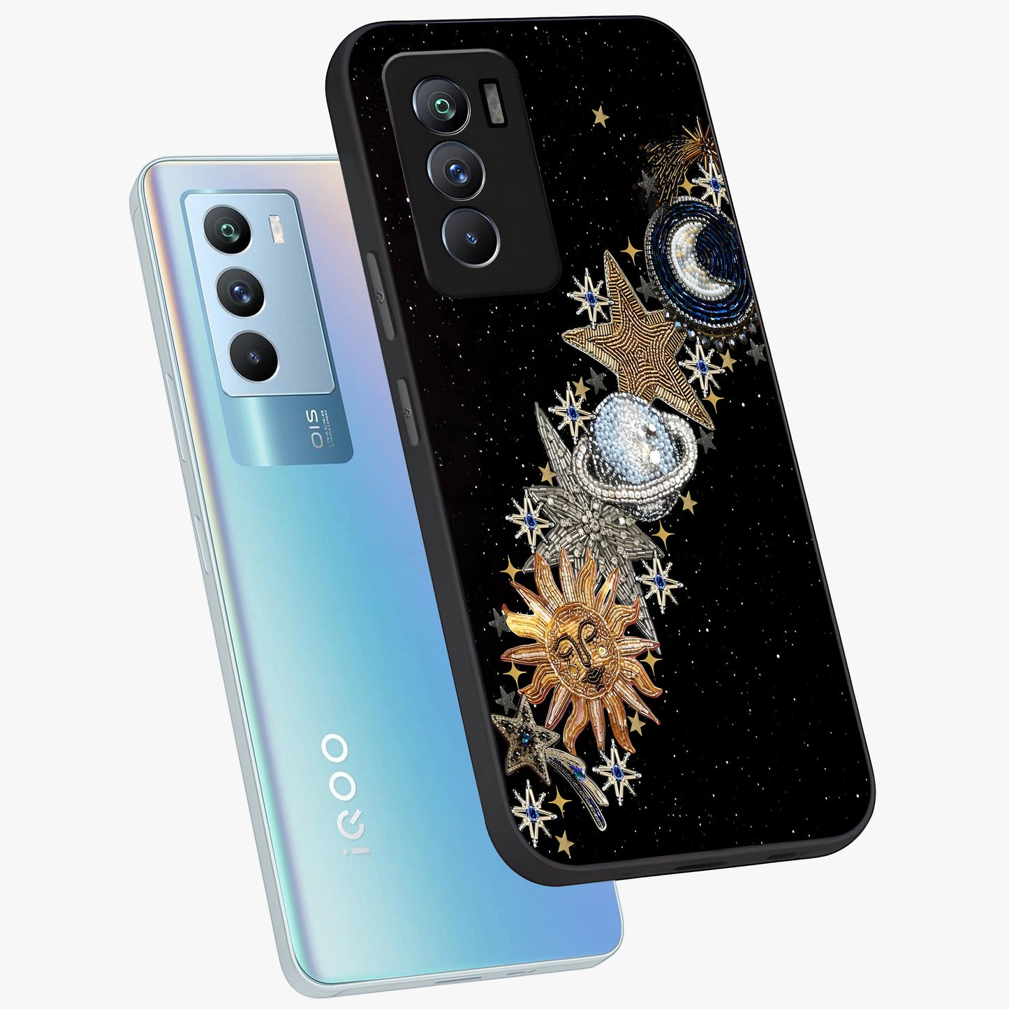 Pearls Universe Object Glass Case displayed in angled mockup highlighting celestial pearl design with dreamy aesthetic.