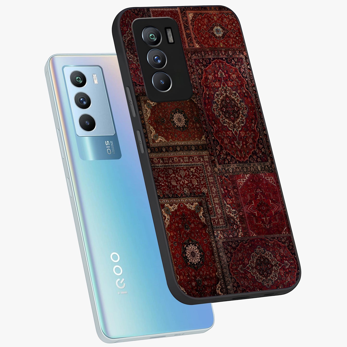 Persian Velvet Tale Glass Case displayed in angled mockup highlighting ornate textile inspired design with royal aesthetic.