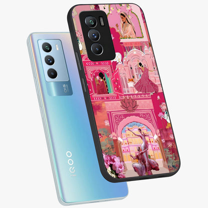 Pink Palace Muse Glass Case displayed in angled mockup highlighting dreamy palace illustration with soft pink aesthetic.
