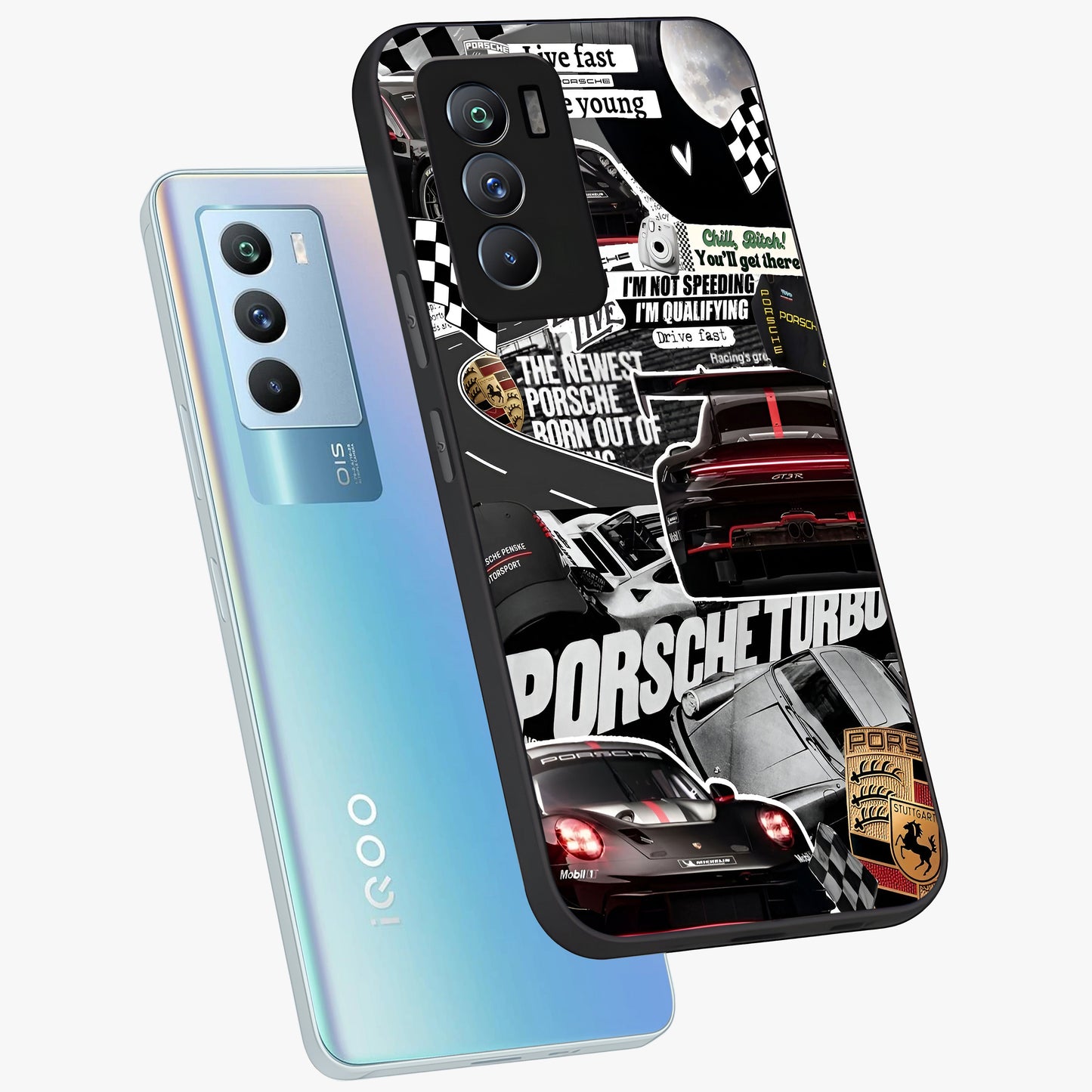 Porsche Racing Collage Glass Case displayed in angled mockup highlighting dynamic automotive design with bold racing aesthetic.
