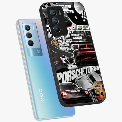 Porsche Racing Collage Glass Case displayed in angled mockup highlighting dynamic automotive design with bold racing aesthetic.