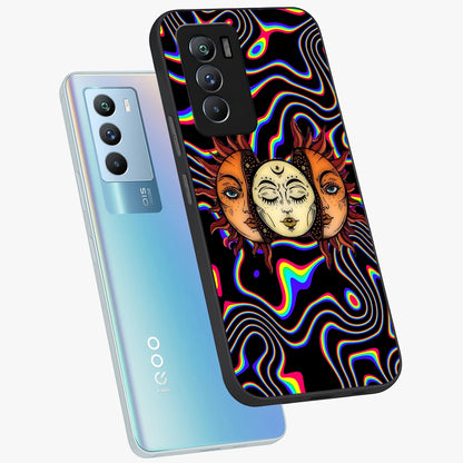 Psychedelic Sun Glass Case displayed in angled mockup highlighting vibrant abstract sun design with artistic aesthetic style.