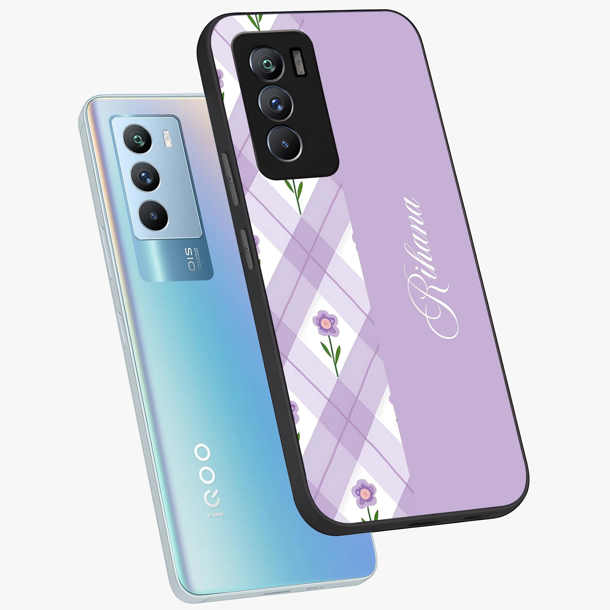Purple Diamond Floral Glass Case displayed in angled mockup highlighting elegant purple flower design with decorative pattern.
