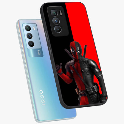 Red & Black Deadpool Theme Glass Case displayed in angled mockup highlighting vibrant superhero style illustration with action aesthetic.