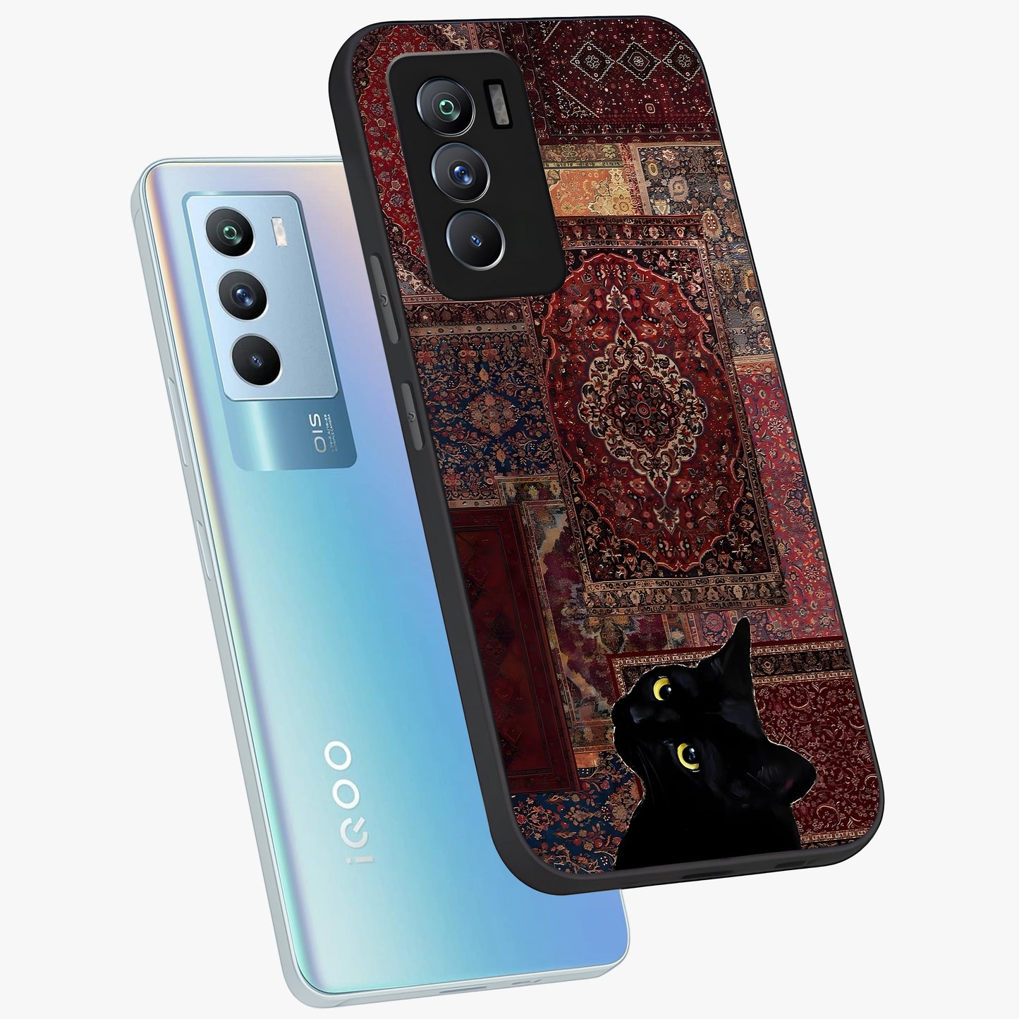 Regal Magic Cat Apple Glass Case displayed in angled mockup highlighting whimsical feline design with fantasy aesthetic.