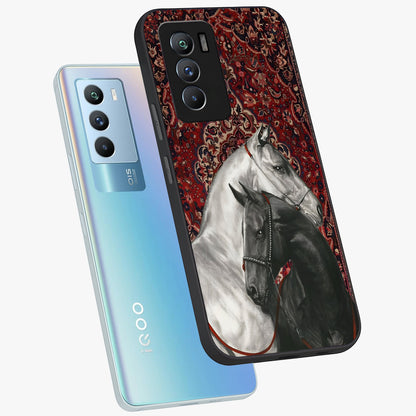 Regal Stallion Tapestry Glass Case displayed in angled mockup highlighting royal stallion design with decorative heritage aesthetic.