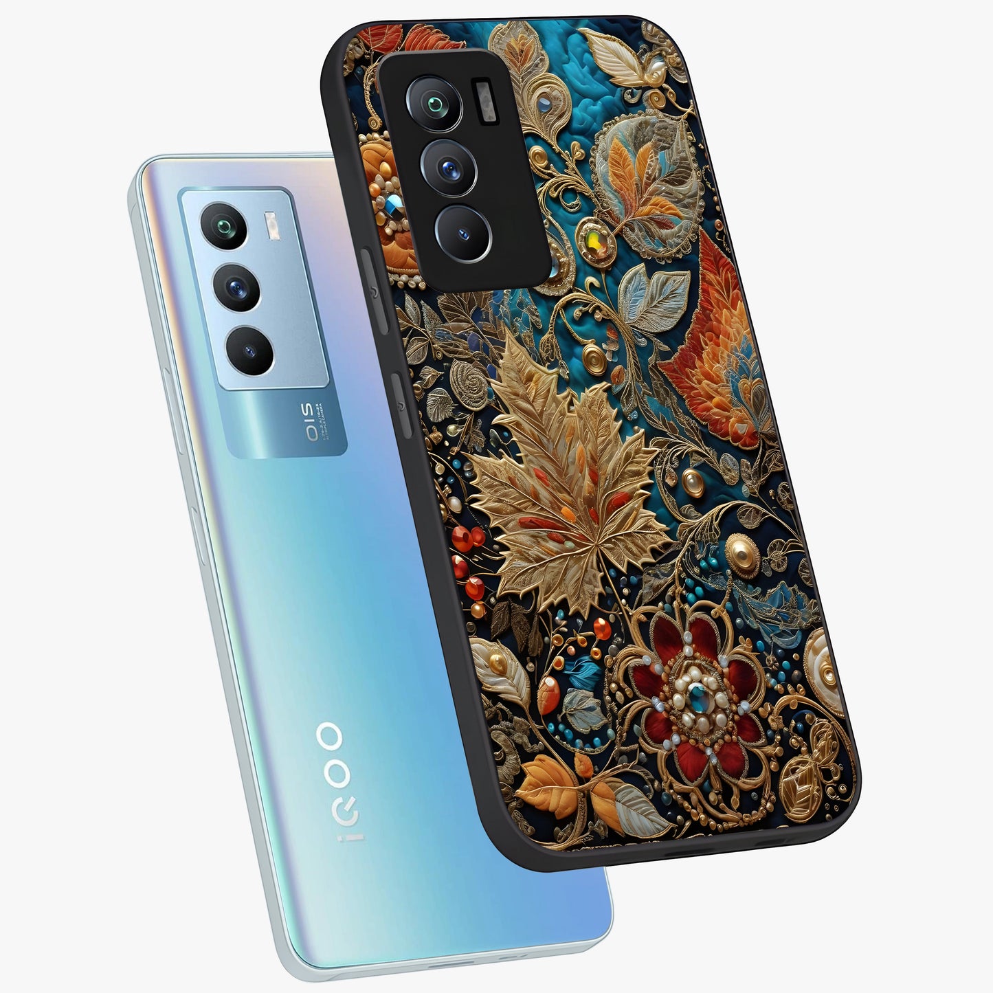 Royal Jewel Garden Glass Case displayed in angled mockup highlighting vibrant jewel inspired floral design with elegant aesthetic.