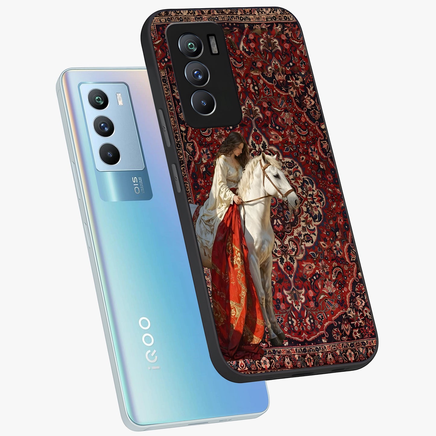 Royal Rider Tapestry Glass Case displayed in angled mockup highlighting traditional tapestry design with royal heritage aesthetic.