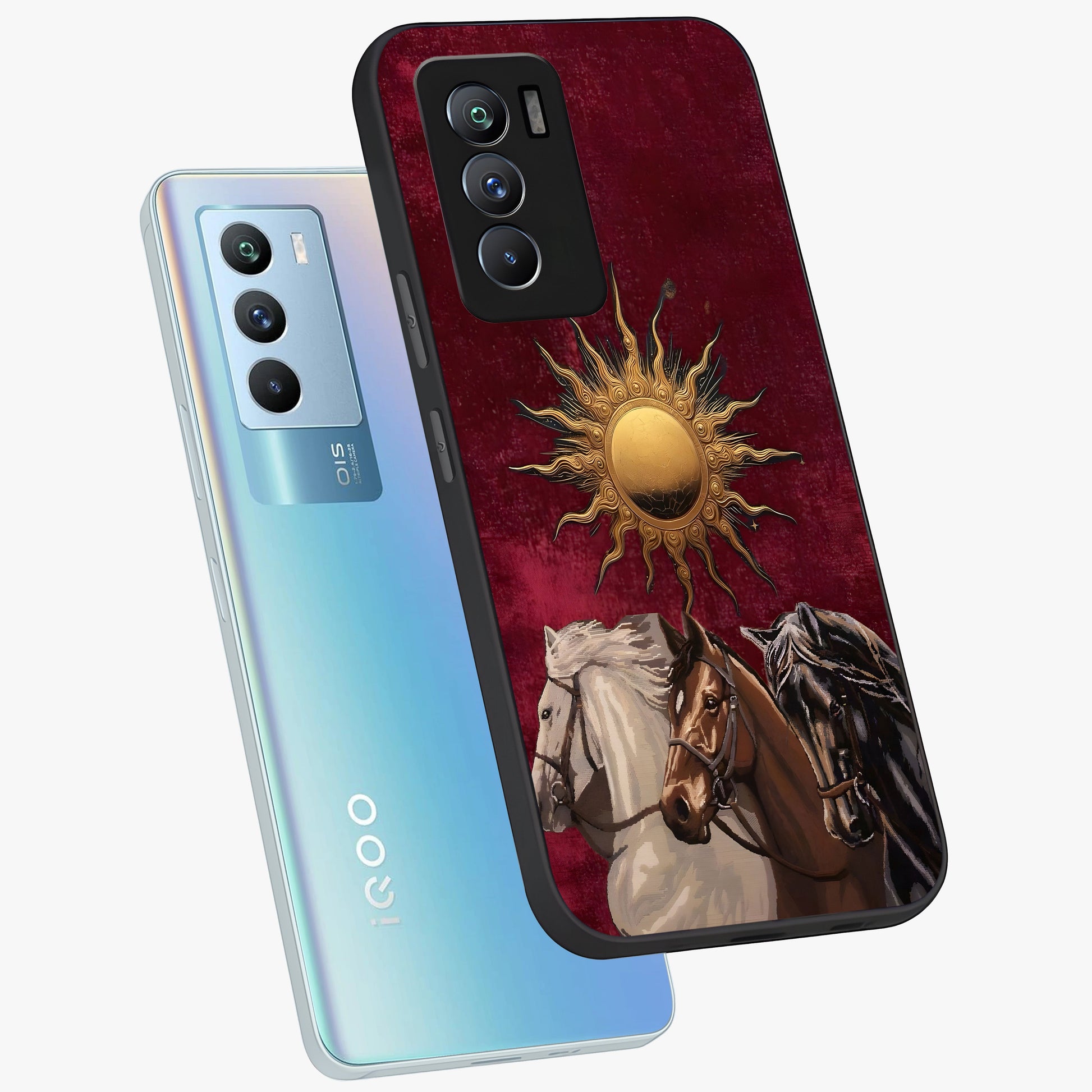 Solar Riders Glass Case displayed in angled mockup highlighting powerful rider illustration with radiant solar aesthetic.