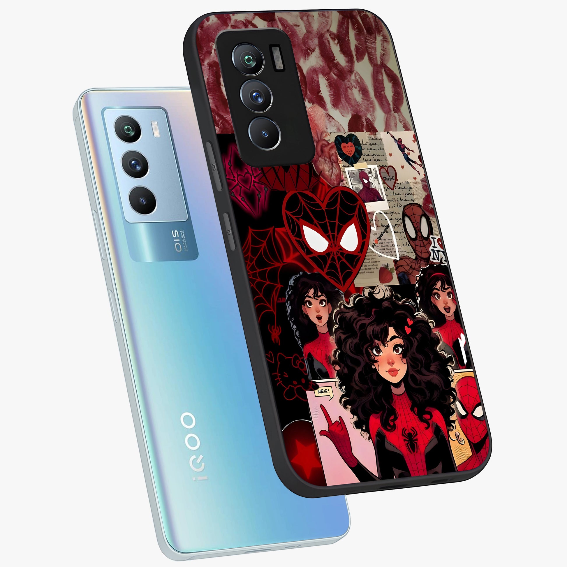 Spider Love Story Glass Case displayed in angled mockup highlighting expressive comic inspired design with playful aesthetic.