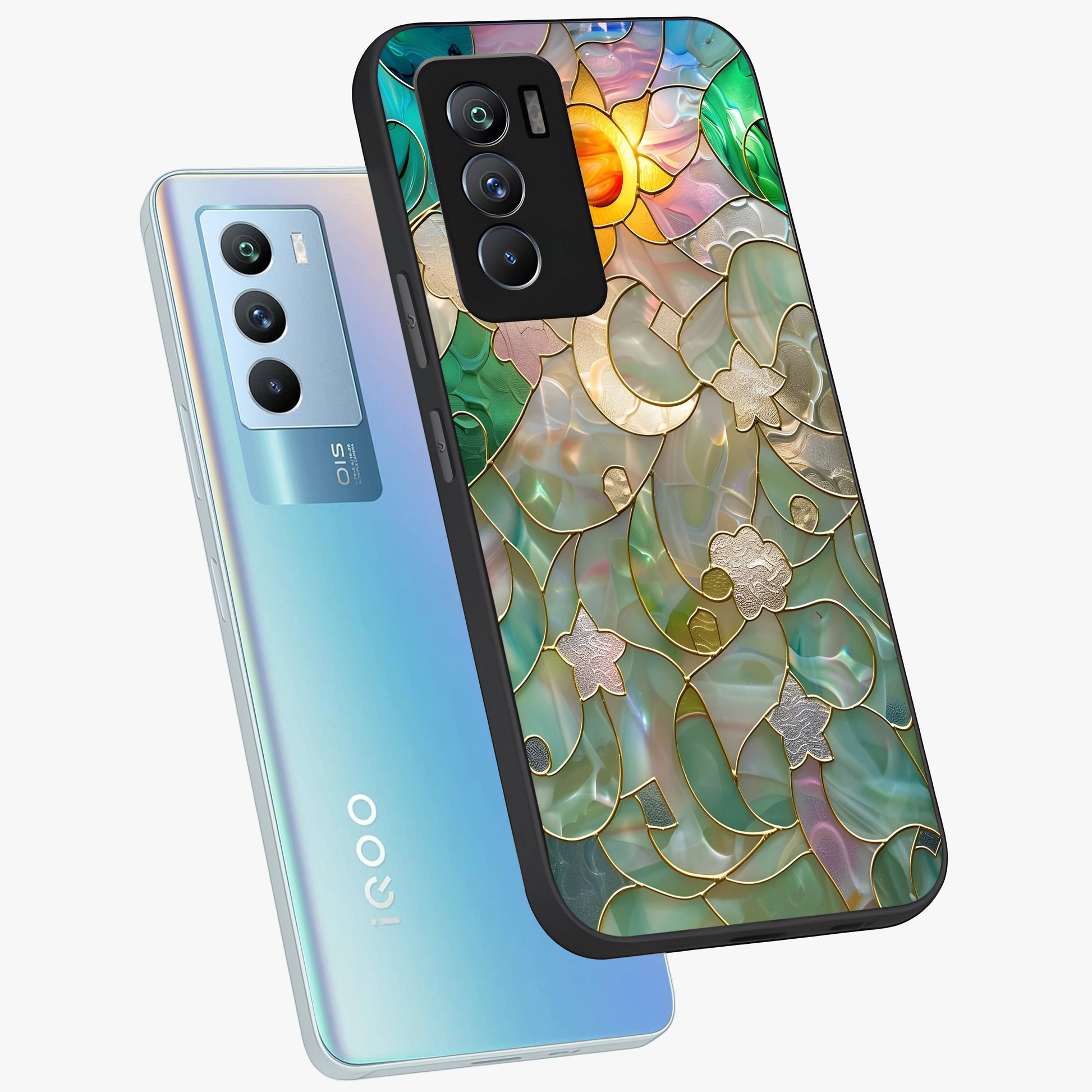 Stained Sunrise Glow Glass Case displayed in angled mockup highlighting radiant sunrise design with artistic aesthetic style.