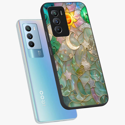 Stained Sunrise Glow Glass Case displayed in angled mockup highlighting radiant sunrise design with artistic aesthetic style.